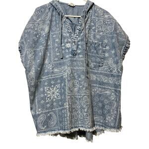 Women’s Plus Size 18/20 Blue Jean Denim Hooded Shirt White Paisley Print Cato